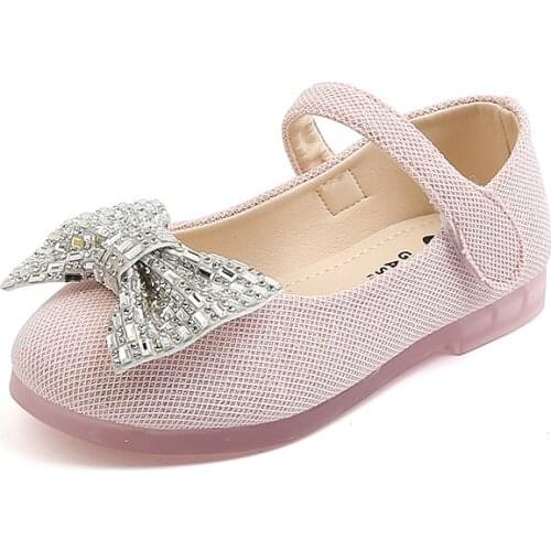 Girls Glitter Shoes Princess Sweet Flats Soft Childrens Mary Janes Kids Party Wedding Shoes Rhinestone Bow-knot Bling Fashion