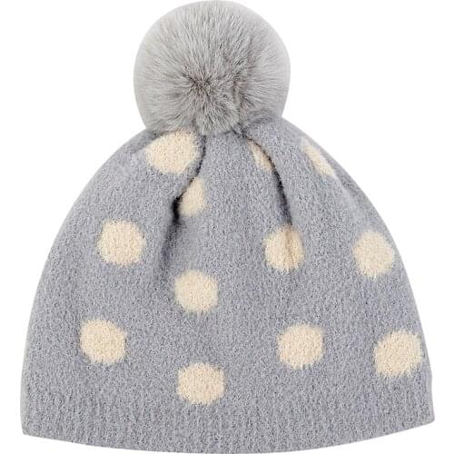 Baby Winter Warm Beanie Lovely Kids Boy Girls Dot Print Hat Coral Velvet Soft Elastic Candy Color Skull Cap with Pompom Caps