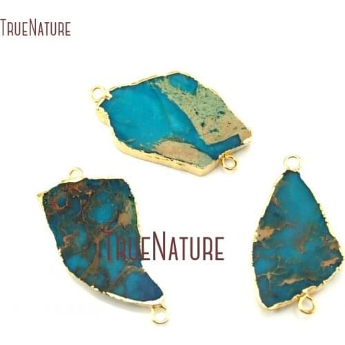 10Pcs Blue Imperial Jaspers Connector Gold Color Free Form Double Bail Pendant Approx 28mm PC11776