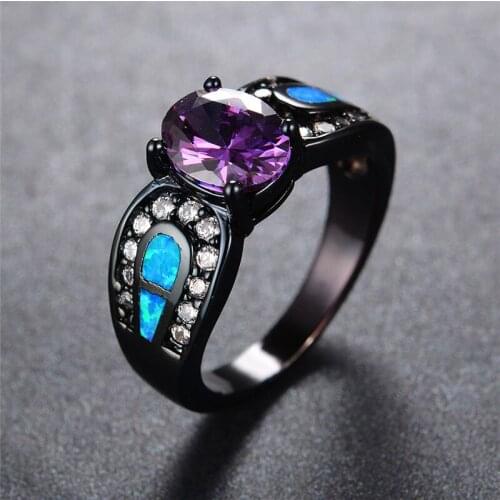 Elegant Female Blue Fire Opal Ring Fashion 14KT Black Gold Wedding Rings For Women Promise Purple Round Engagement Ring