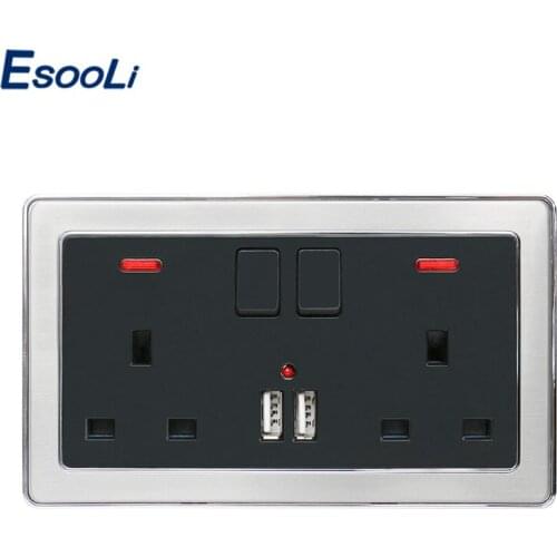 Esooli Wall Power Socket Double UK Standard Socket With Neon 2.1A Dual USB Charger Port Stainless Steel Frame Black Outlet