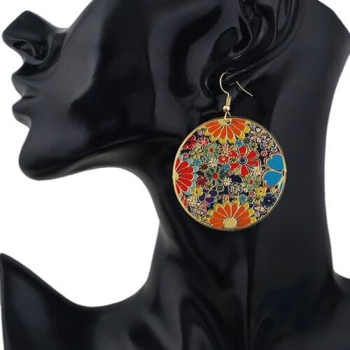 Ethnic Bohemian Style Round Printed Flower Drop Earrings for Women African pendientes Fashion Female Tribal Indian party Jewelry