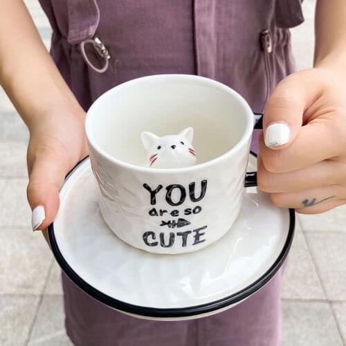 Creative Cartoon Cat Coffee Milk Cup Embossed Ceramic Craft Small Animal Water Cup with Saucer