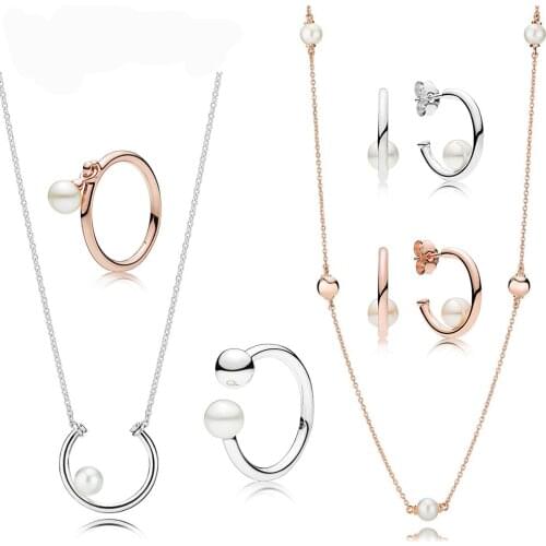 New High Quality Sterling Silver Natural Pearl Ring Popular Elegant Circle Earrings Classic Fashion Necklace