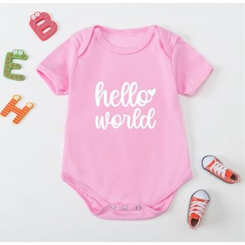 0-24M Baby Rompers Hello World Summer Infant Jumpsuits Pink Color Newborn Boys Girls Short Sleeve Clothes Cotton Outwear Tops