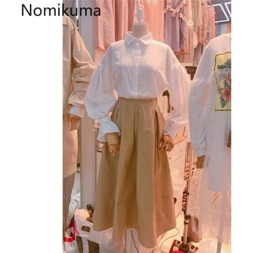 Nomikuma Two Piece Set Women Lantern Sleeve Causal Blouse Shirt + High Waist A-line Skirt Korean Elegant 2021 Spring Suits 6F406
