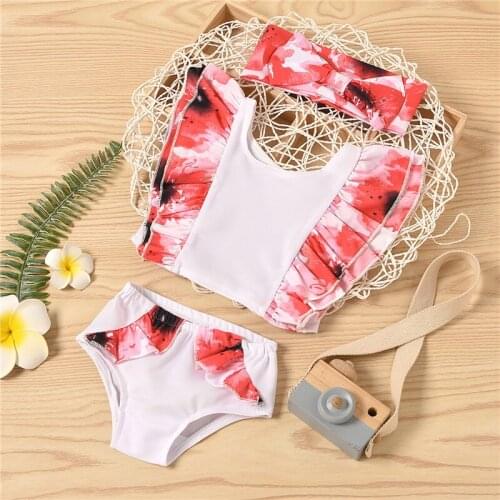 3Pcs Girls Swimwear Suit Summer Children Floral Printing Lace Sleeve Split Swimsuit + Bow Headwear Breathable Swimming Set