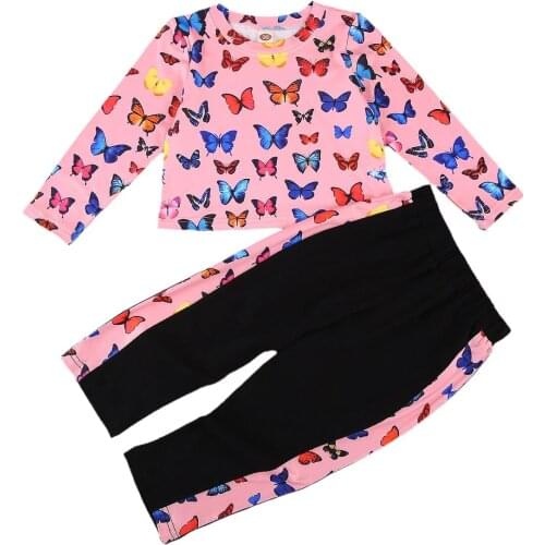 Cute Fashion Kids Girls Butterfly Print Long Sleeve Top T-shirt Side Pattern Patchwork Pants 2pc Sets 2-11Y Outfits