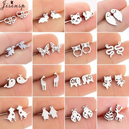 Cartoon Animal Stud Earrings for Women Kids Jewelry Small Butterfly Dog Rabbit Bee Owl Stainless Steel Earring Summer kolczyki
