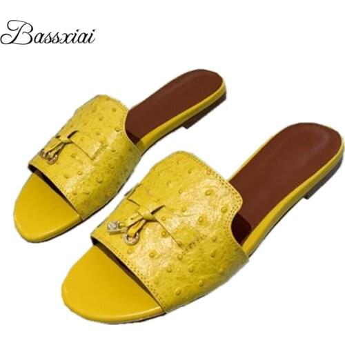 Multicolor Genuine Leather One-Strap Slippers Women Sexy Open Toe Metal Locked Decor Flat Heel Lazyman Mules Lady