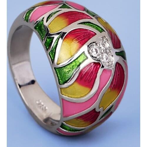 Classic Ethnic Style Womens Flower Ring Inlaid Zircon Jewelry Color Epoxy Flower Womens Ring Handmade Enamel Wedding Ring