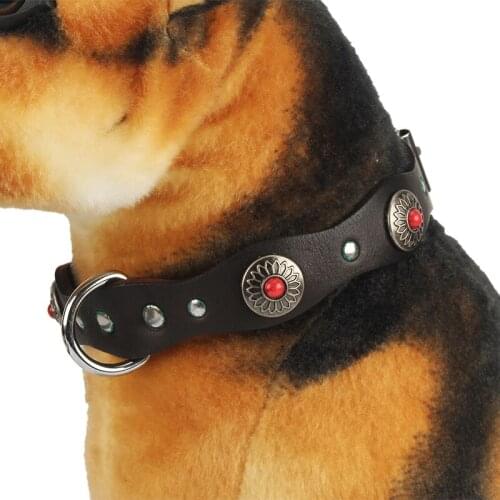 Pet Necklace With Flower Pattern Green Red Bead Basic Collar Retro Genuine Leather Dog Collar For Big Dogs