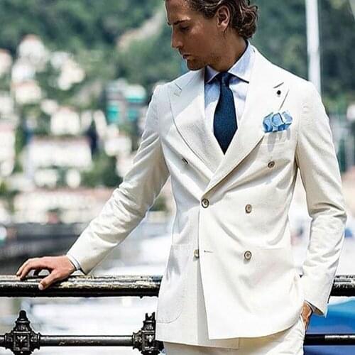 Latest Coat Pant Designs White Peak Lapel Formal Double Breasted Slim Fit Mens Blazer Wedding Suits Smoking Business Groomsman