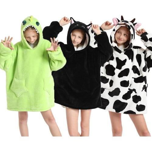 Cow Panda Wolf Rainbow Unicorn Hoodies for Girls Children Animal Cartoon Oversized Thick Sweatshirt Boys Pullover TV Blanket