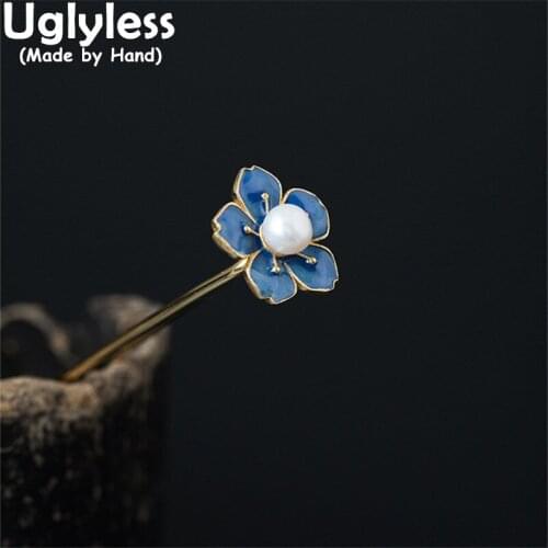 Uglyless Sakura Enamel Floral Hair Forks for Women Natural Pearls Ethnic Hair Jewelry 925 Silver Hair Sticks Gold Flowers Bijoux