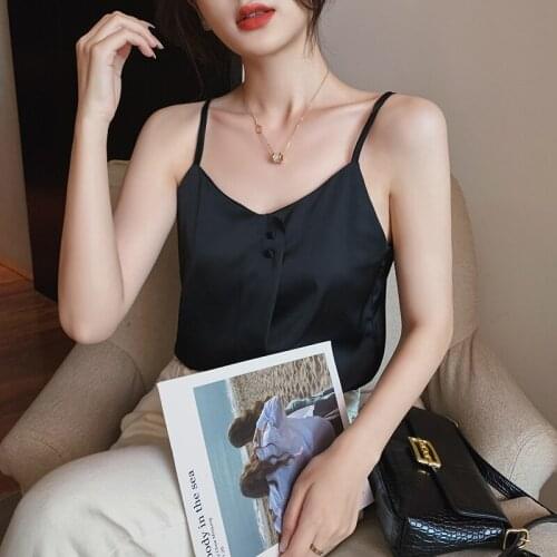 Korean fashion clothing Casual V-Neck Sexy Solid Satin Woman Camis Tank Tops Chiffon Sleeveless Camisole Top sexy streetwear
