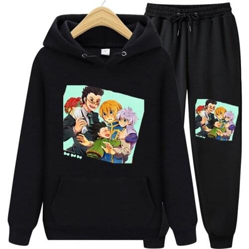 Hunter X Hunter Anime Print Clothes Black Sets For Women Fall Warm Hoodie Sweatshirt And Long Pant Fashion Two Piece Sets Ladies