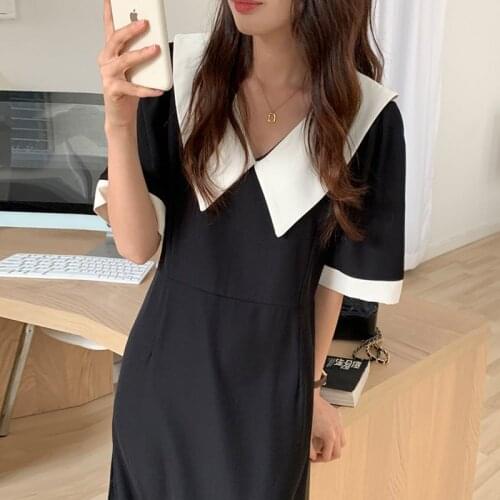 Korean Chic Summer Temperament and Elegant Contrast Color Lapel Tie Waist Slimming Puff Sleeve Mid-Length Dress Women
