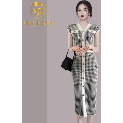 Summer Womens Sexy Single-breasted Knit Vestidos Bodycon Pencil Sheath Dresses Evening Party Elastic Knitted Dress