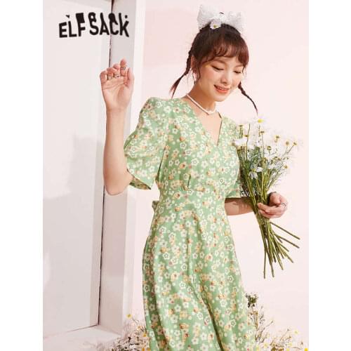 ELFSACK Floral Print High Waist Casual Vintage Dresses Women,2021 Summer Stylish Bows Back Korean Ladies Bohemia Holiday Dress