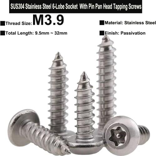 30Pcs/20Pcs M3.9x9.5mm~32mm SUS304 Stainless Steel Six-Lobe Socket With Pin Pan Head Anti-theft Safety Tapping Screws Type C