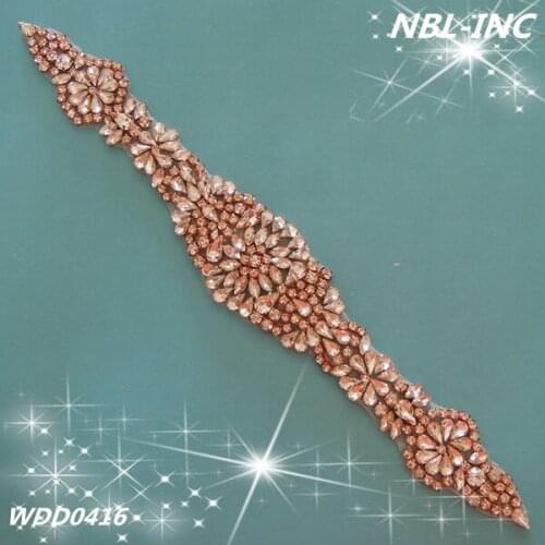 30pcs) Wholesale bridal sash beaded iron on rose gold crystal rhinestone appliques for wedding dresses sash belt DIY WDD0416