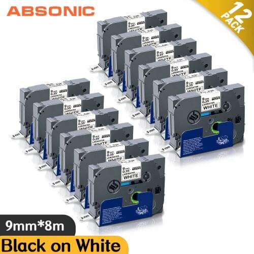 Absonic 12PK TZe-221 Label Tape for Brother TZe-221 9mm Laminated White Label Maker TZe Tape for Brother P-Touch PT-D200 PT-D210