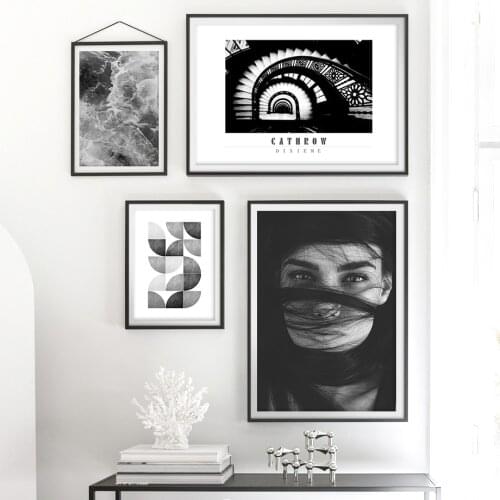 Brunette Girl Spiral Staircase Wave Black White Nordic Posters and Prints Wall Art Canvas Painting Wall Pictures For Living Room