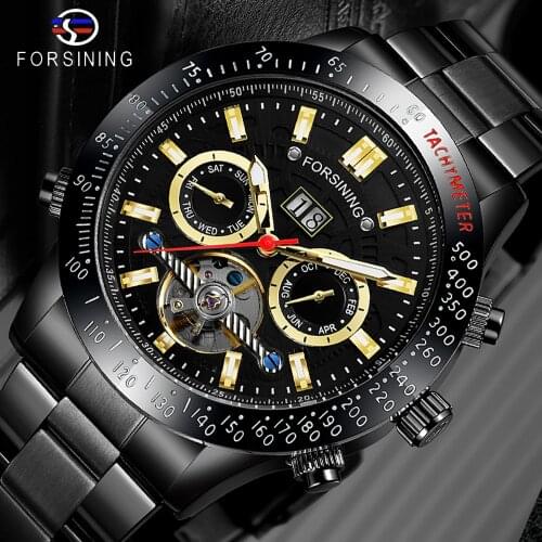 Forsining 2019 Top Luxury Brand Tourbillon Mens Mechianical Automatic Watch Black Stainless Steel Waterproof Fashion Man Watches