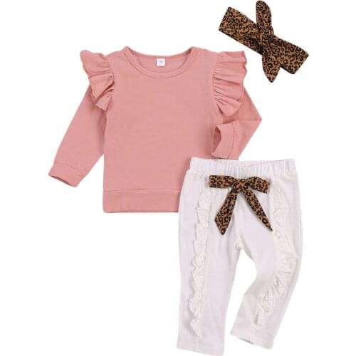 Citgeett Autumn 1-5Y Baby Girls 3Pcs Set Pink Ruffled Long Sleeve Top+Bow Pants+Leopard Print Headband Outfit Spring Clothes