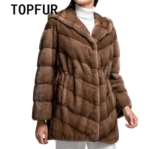 TOPFUR Import Brown Natural Mink Fur Coat Woman High Quality Luxurious Real Fur Coat With Fur Hooded Fashion Winter Jacket Woman