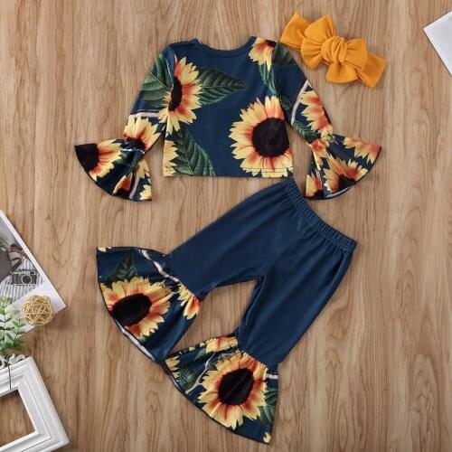 Babys Sets Girls 3-piece Clothes Set Navy Blue Sunflower Printed Pattern Round Collar Top+Long Pants + Headdress for 6M-5T