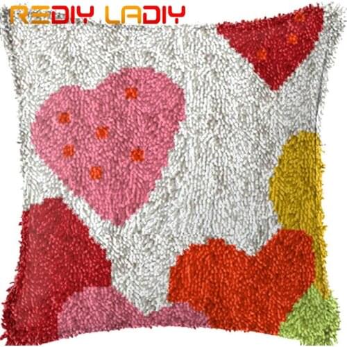 Latch Hook Cushion Colorful Love & Heart Pillow Case Acrylic Yarn Sofa Pillow Printed Color Canvas Crochet Cushion Cover Crafts
