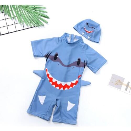2020 New Cute Boys Swimsuits Blue Shark Print Two Pieces Set With Swim Cap Child Beach Wear S01402K