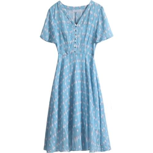 LUKAXSIKAX 2021 New Summer Women Sexy V-Neck Short Sleeve Slim Evening Party Dress Fashion Geometric Floral Chiffon Dress