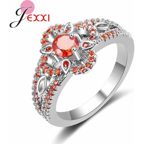 New Arrival Dazzling Orange Color Top Grade Zircon Bague Bowknot Flower Shape 925 Sterling Silver Ring for Women Girl