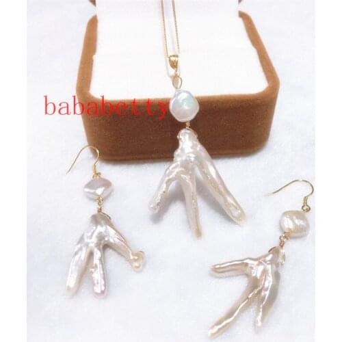 New Fashion simple handmade natural irregular pearl 925 sterling silver earrings Pendant Necklace set