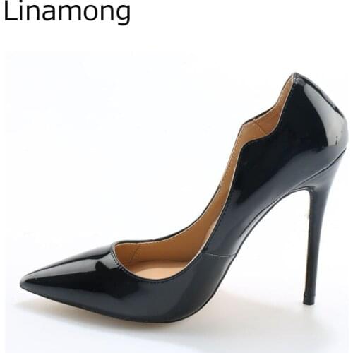 Sexy Women Gap Openning Patent Leather Pointed Toe Black Leather Pumps Ladies Stilettos Party Dress Thin High Heels Pumps Shoes