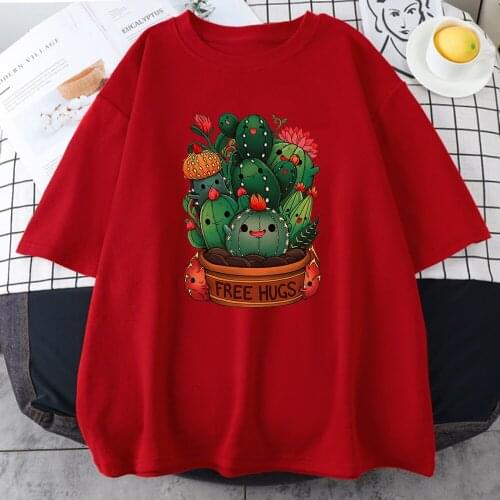 Cute Plant Cactus Free Hugs Print Womens T shirts Fashion Style Clothing Crewneck Soft T shirt Oversize Loose Womens T shirt