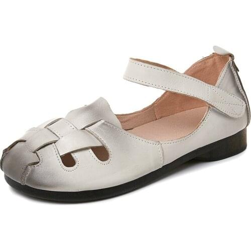 Summer Vintage Womens Genuine Leather Flat Heel Shoes Slip on Sandals Retro Hollow Breathable Loafers