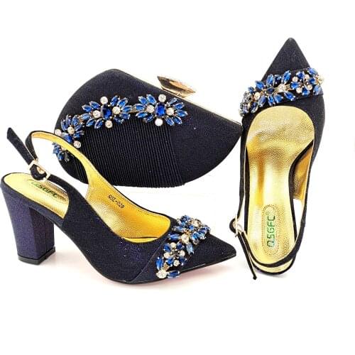 African 2021 Italian Design Colorful Crystal Style D.Blue Color Elegant Ladies Shoes and Bag Set Decorated With Rhinestone
