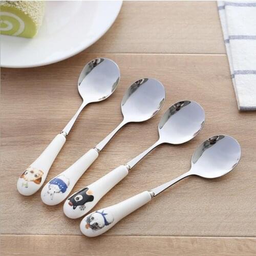 50C 1pc 16cm Cartoon Cat Fork Stainless Steel Long Handle Stirring Spoon Fruit Fork Coffee Spoon Ceramic Handle Useful