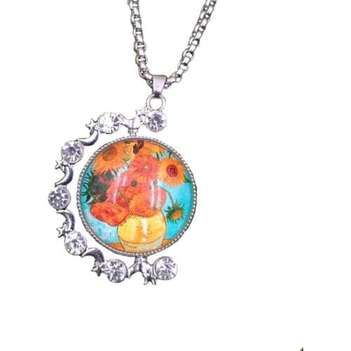 Rotatable Double faced Punk Van gogh The Starry Night Sunflower Necklace Pendant Men Female Women Girl Xmas Gift AW010-016