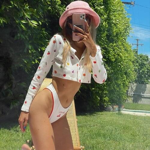 Printed T-Shirt Long Sleeve Front Button Cardigans Spring Crop Tops Women Casual Soft Cotton Short Tee Top New