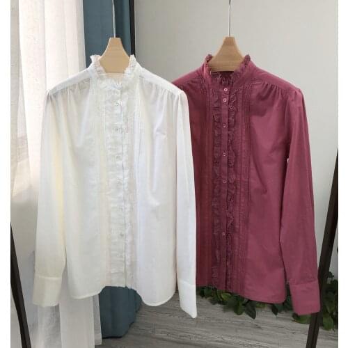 Women Shirt 2021 Autumn Retro Shell Button Single-breasted Shirt Lace Ruffled Collar Long-sleeved Two-color 100% Cotton Shirt