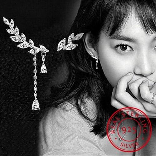 2019 New Asymmetric leaf CZ Zirconia Stud Jewelry Real Pure 925 Sterling Silver Luxury Earrings Women Dress Free Shipping RJ
