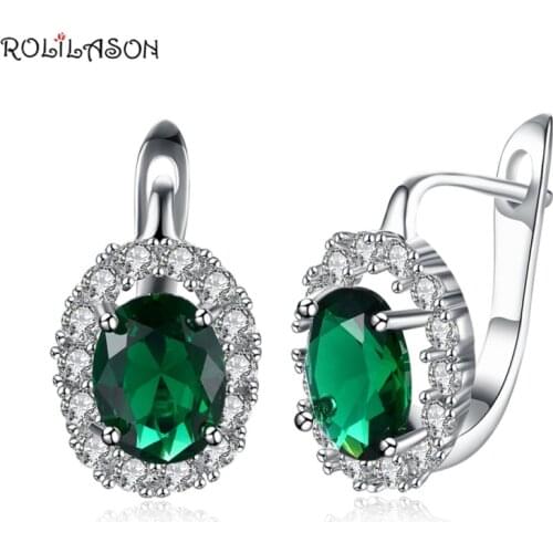 ROLILASON Green zirconia silver color Oval clip earrings for women gift JE1165