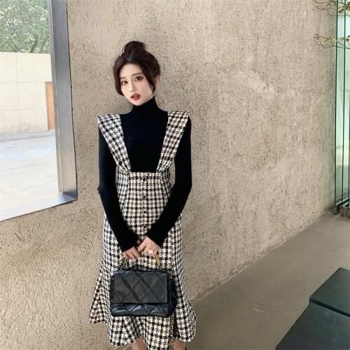Autumn Woman Two Piece Set Tracksuit Female Elegant Knitted Sweater and High Waist Tweed Mid-length Skirt Ladies Outfits Q263
