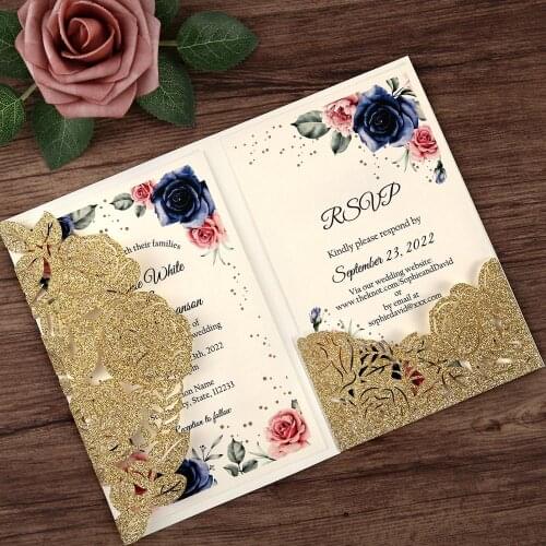 100pcs Gold Glitter Hollow Rose Flower Wedding Invitations with Customized Cards for Wedding Party
