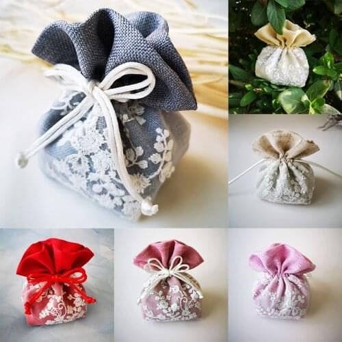 10x13.5cm Embroidery Flower Lace Drawstring Gift Bags Cotton Linen Cloth Bags Packaging Gift Wrapping Bag 2PCs
